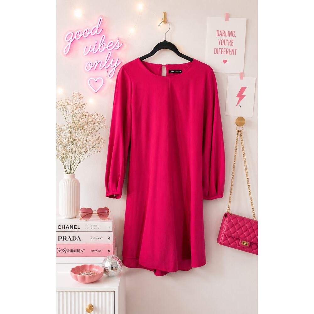 Zara Hot Pink Mini Dress Size L Barbiecore 3/4 Sleeve Tie Fuchsia
 Party Dress